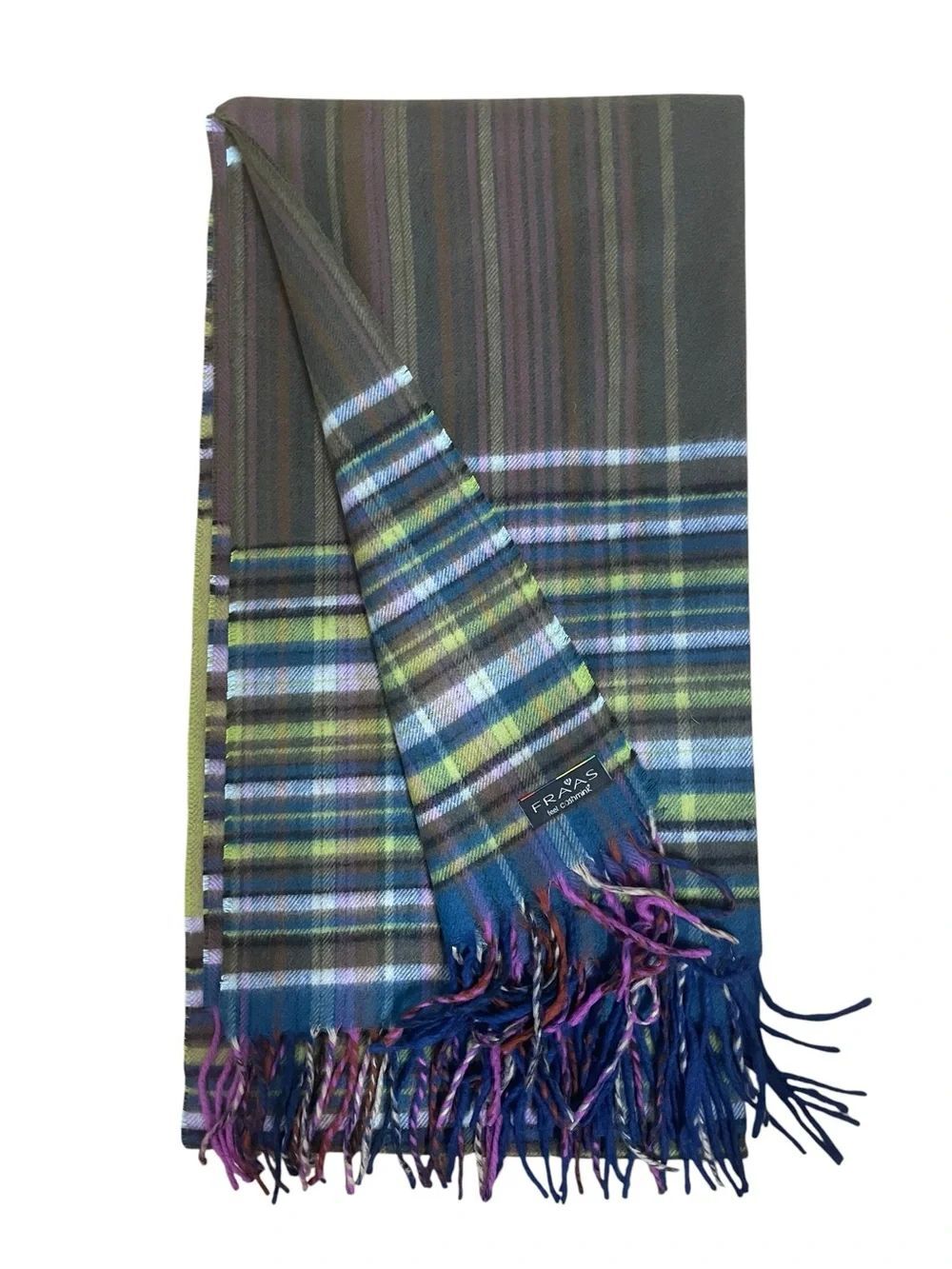 V Fraas Feel Cashmink Plaid Scarf Made In Germany Multi Color Oversized Fringe